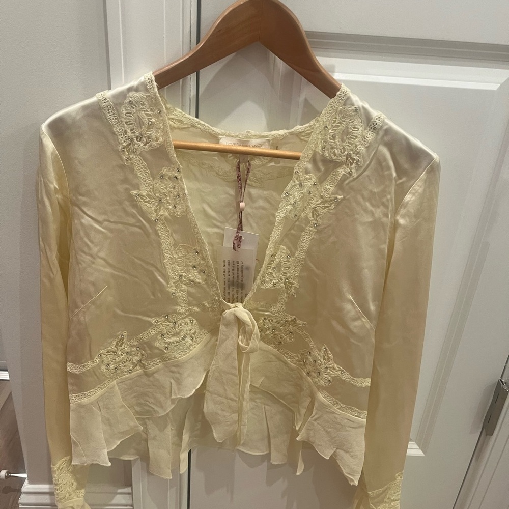 NWT LoveShackFancy Vivetta Long Bell Sleeve Blouse Silk Top Limeade Yellow M - Picture 5 of 9